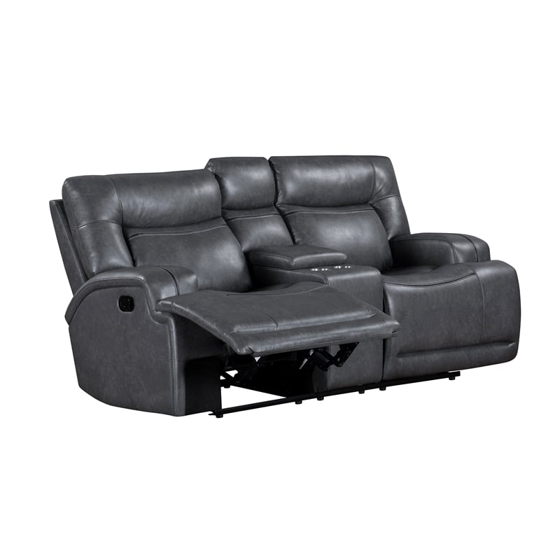 Pemberly Row Titan Faux Leather Reclining Console Loveseat in Grey