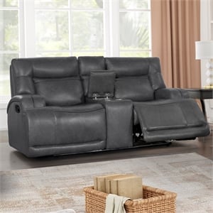 Pemberly Row Titan Faux Leather Reclining Console Loveseat in Grey