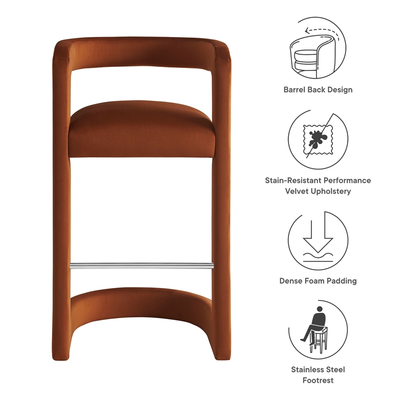 Pemberly Row Winslow Performance Velvet Bar Stool in Rust with Barrel Back