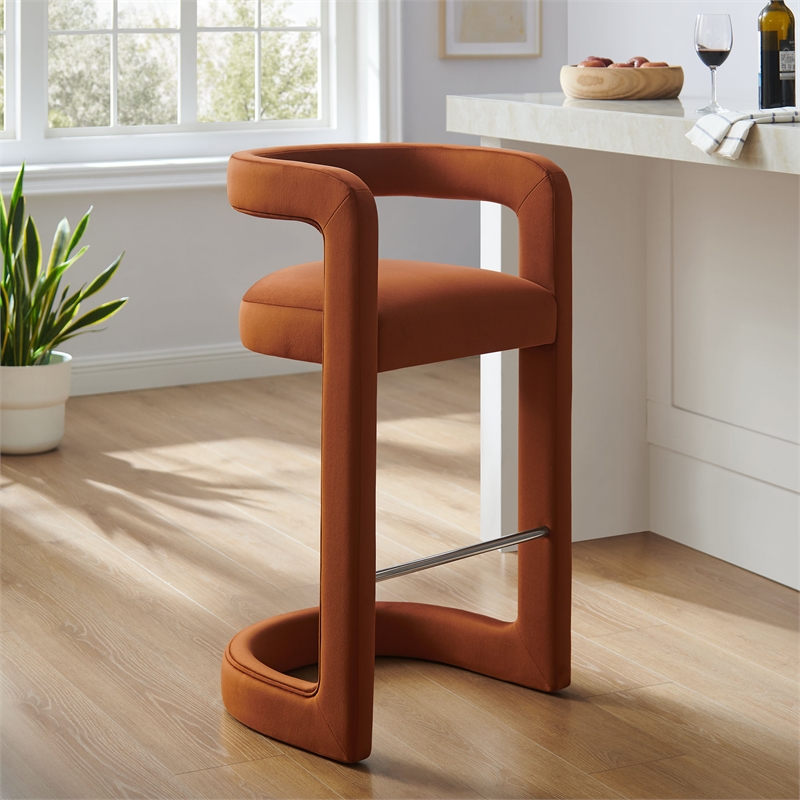 Pemberly Row Winslow Performance Velvet Bar Stool in Rust with Barrel Back