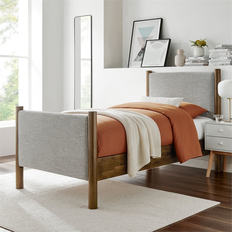 Pemberly Row Heathered Weave Fabric Upholstered Twin Platform Bed - Wheat Walnut