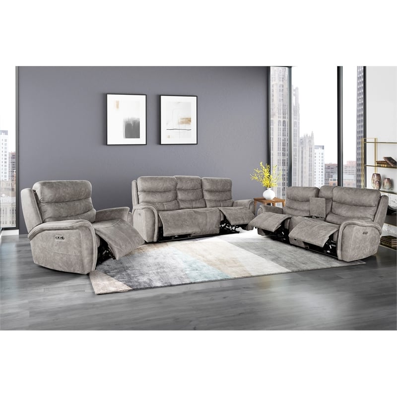Pemberly Row 3-Piece Fabric Power Living Room Set in Gray with USB Ports