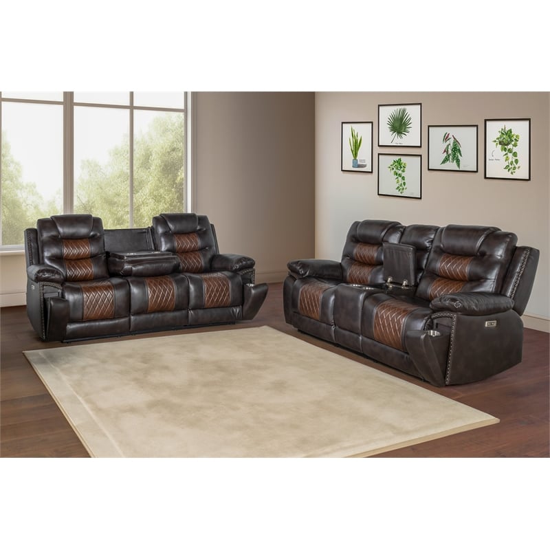 Pemberly Row 2-Piece Brown Faux Leather Power Reclining Living Room Set