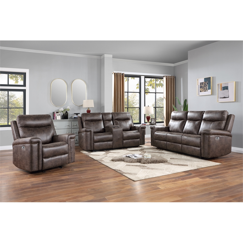 Pemberly Row 3-Piece Fabric Power Living Room Set in Mocha Polyester