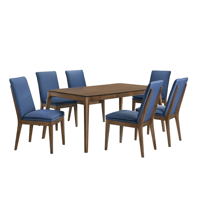 Pemberly Row 7-Piece Wood Dining Table Set with Blue Upholstery