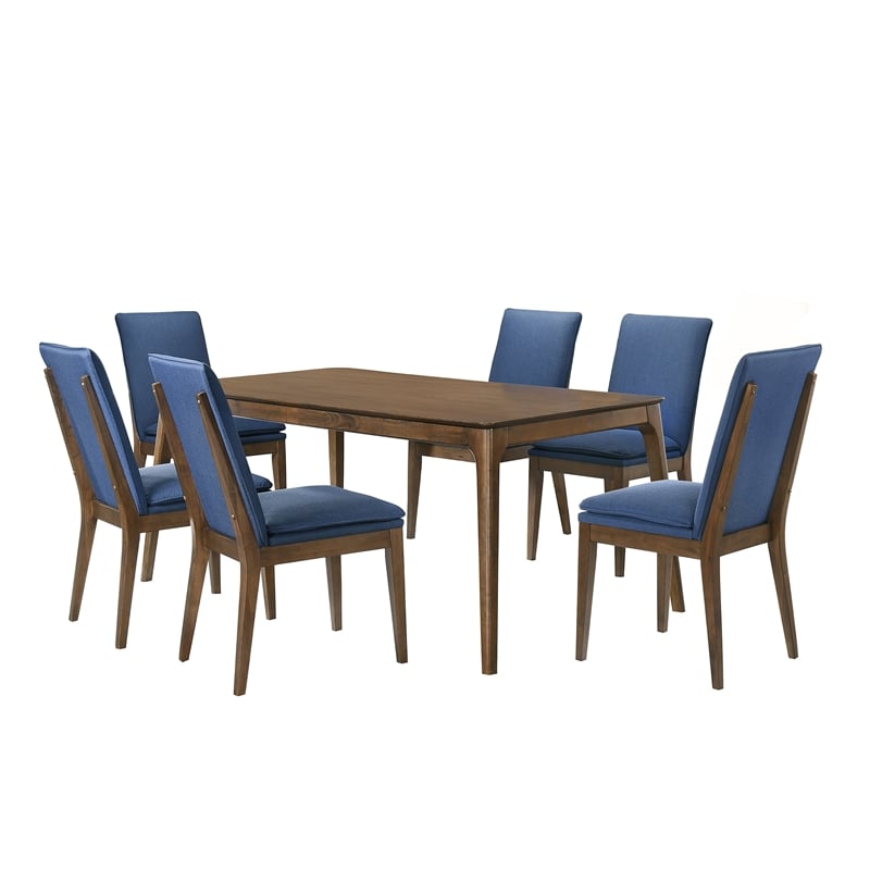 Pemberly Row 7-Piece Wood Dining Table Set with Blue Upholstery