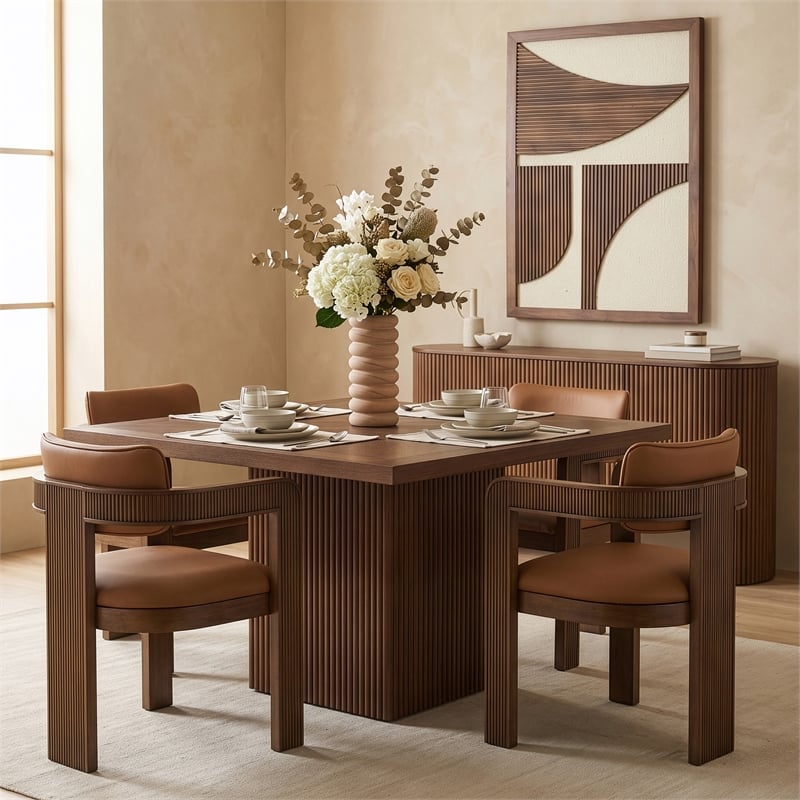 Pemberly Row Brown Solid Wood Dining Table with Oak Veneer Square Top