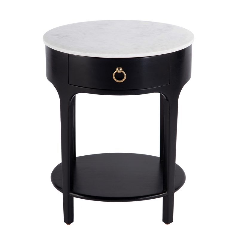 Pemberly Row Oval Marble Top Nightstand with Shelf in Black and White