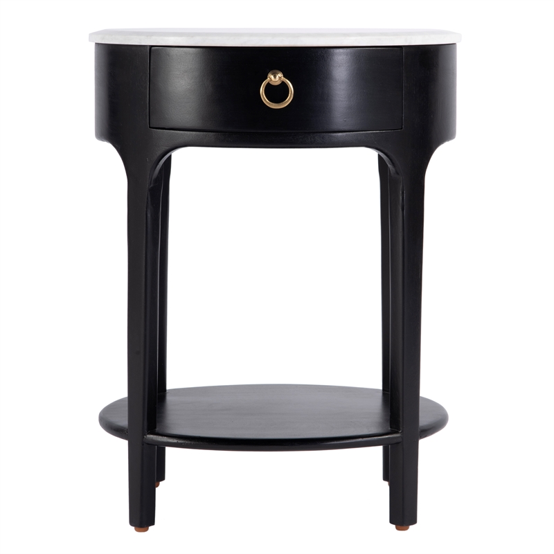 Pemberly Row Oval Marble Top Nightstand with Shelf in Black and White