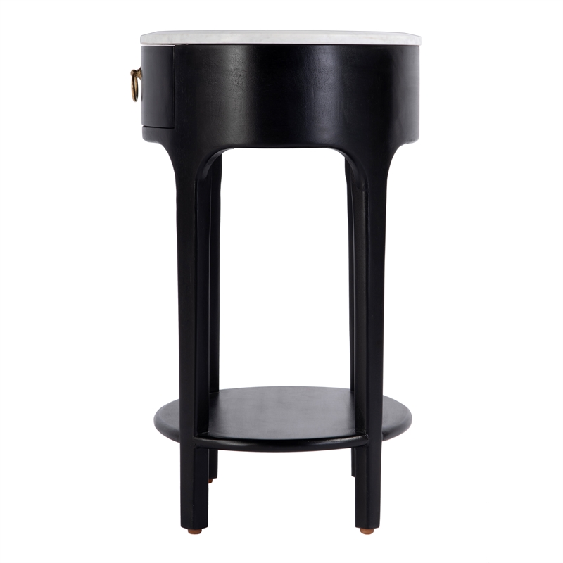 Pemberly Row Oval Marble Top Nightstand with Shelf in Black and White