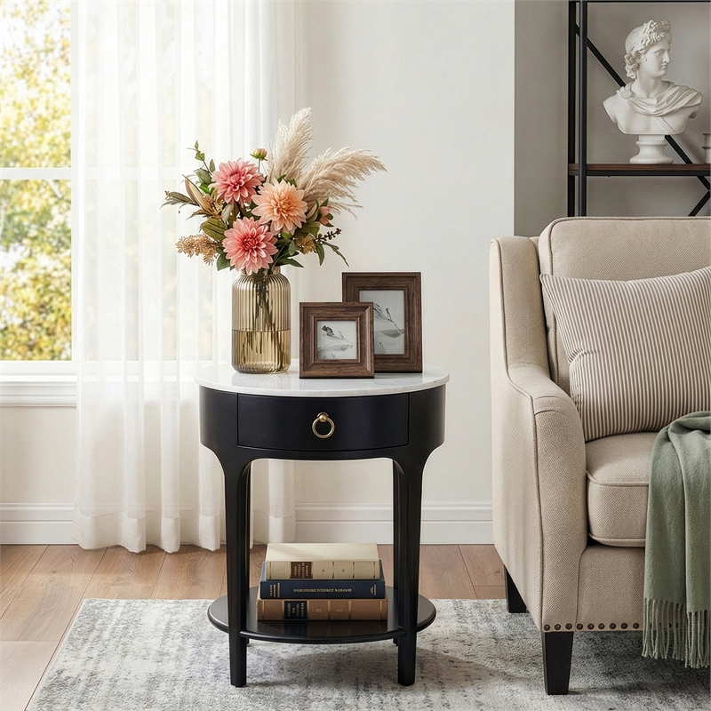 Pemberly Row Oval Marble Top Nightstand with Shelf in Black and White