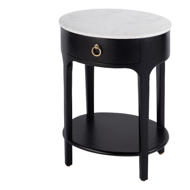 Pemberly Row Oval Marble Top Nightstand with Shelf in Black and White