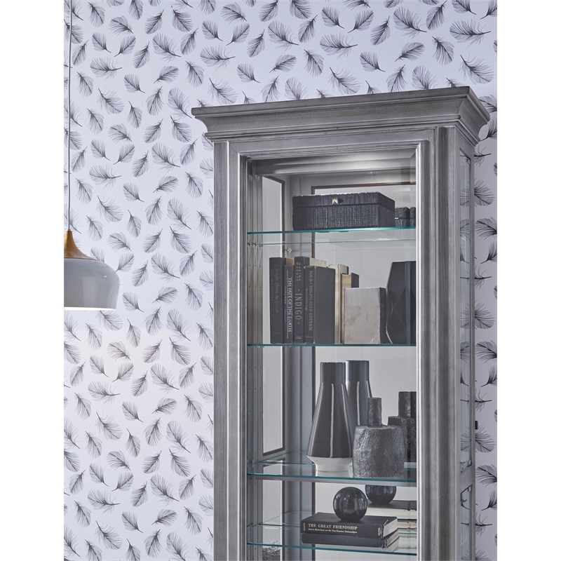 Pemberly Row Side Entry Curio Cabinet in Gray Wood Finish with Mirror Backing