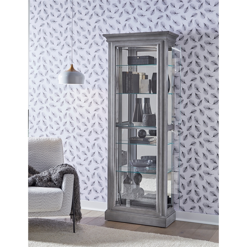Pemberly Row Side Entry Curio Cabinet in Gray Wood Finish with Mirror Backing