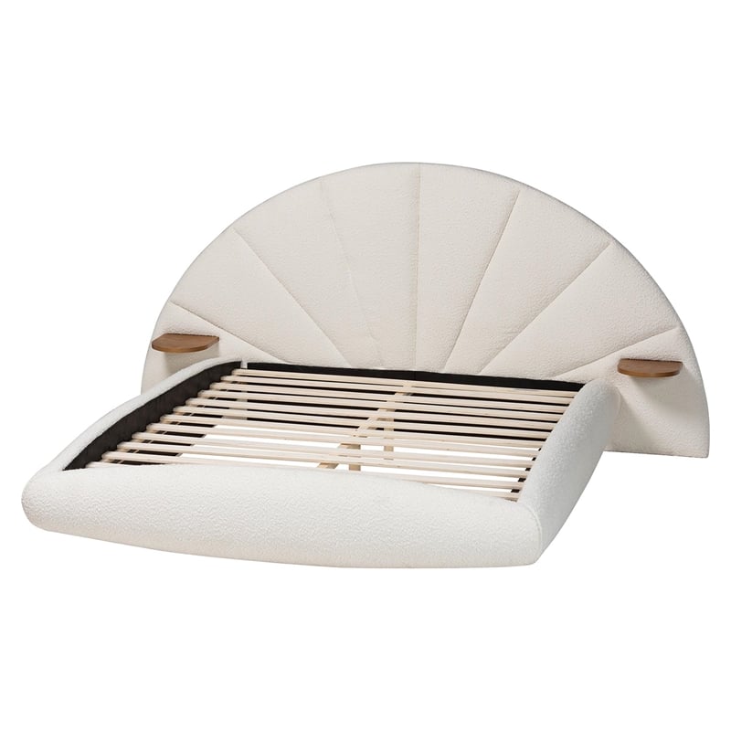 Pemberly Row Cream King Floating Bed with Shelves and Boucle Upholstery