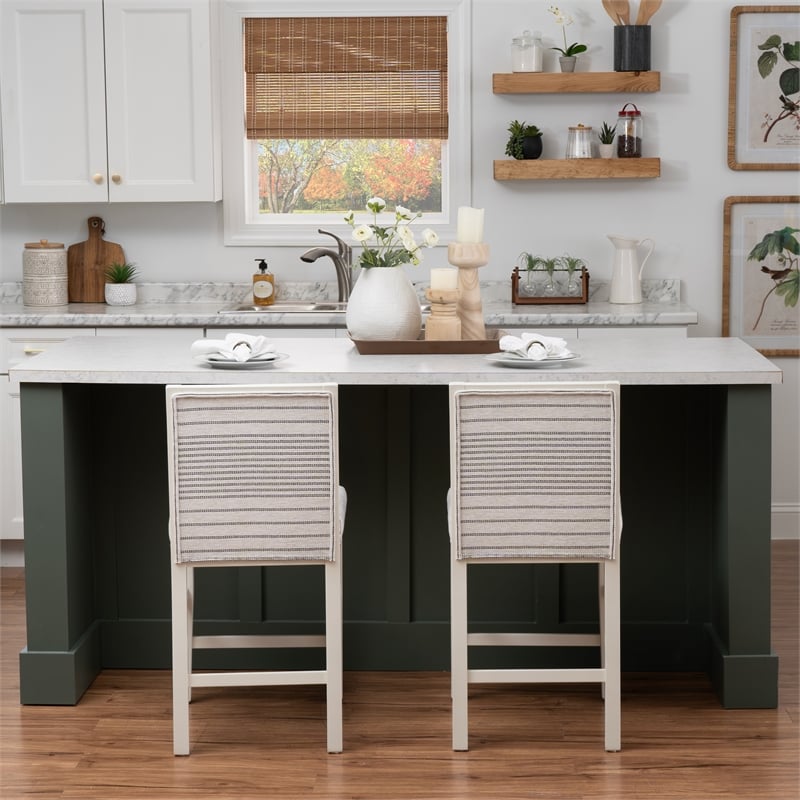 Pemberly Row Set of 2 Counter Stools in White Maple with Gray Upholstery Stripes