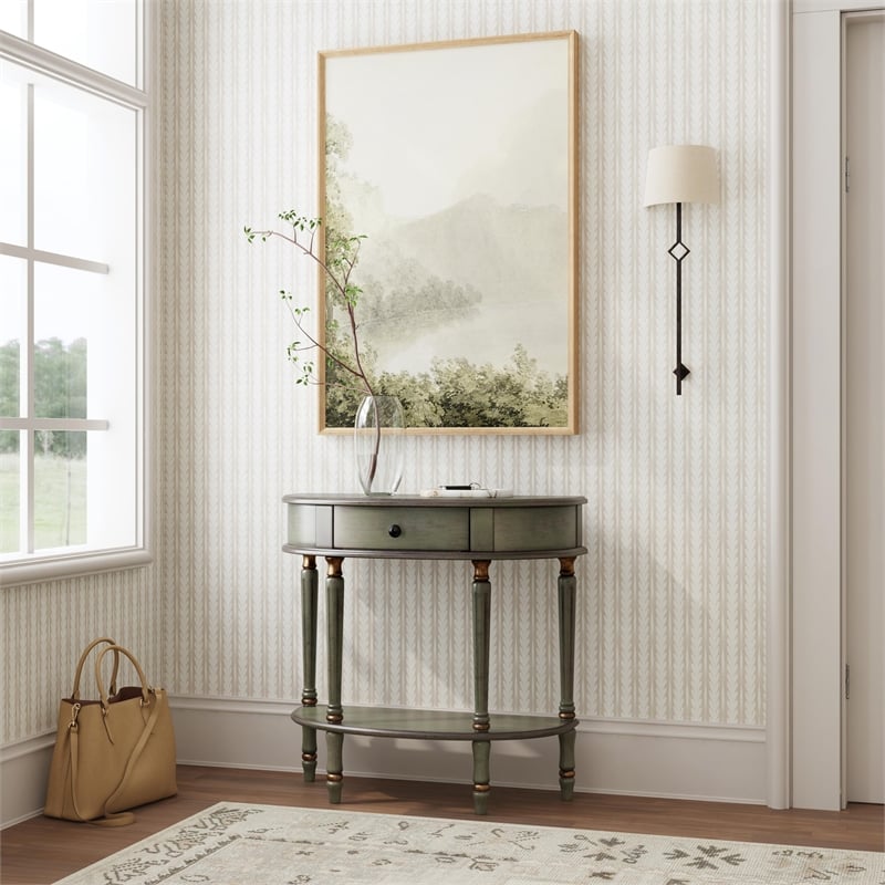 Pemberly Row Demilune Hand Painted Wood Console Table in Pastel Green