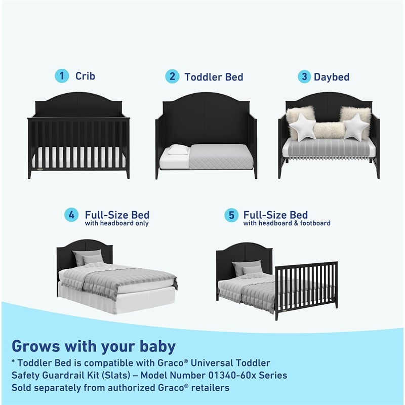 Pemberly Row 5-in-1 Convertible Pine Crib in Black with Adjustable Heights