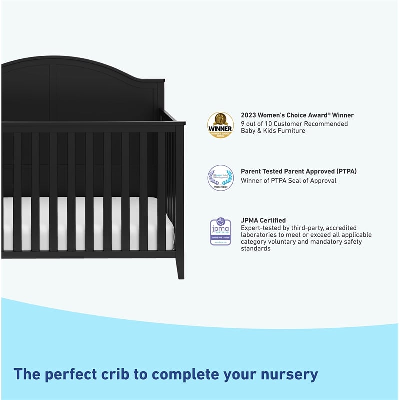 Pemberly Row 5-in-1 Convertible Pine Crib in Black with Adjustable Heights