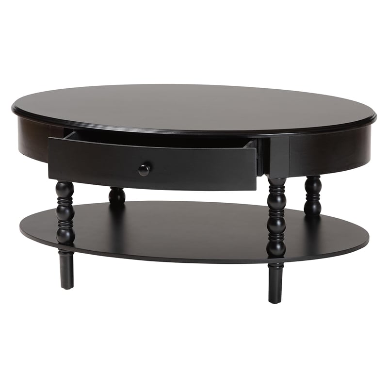 Pemberly Row Black Wood Coffee Table with 1 Drawer and Spindle Legs