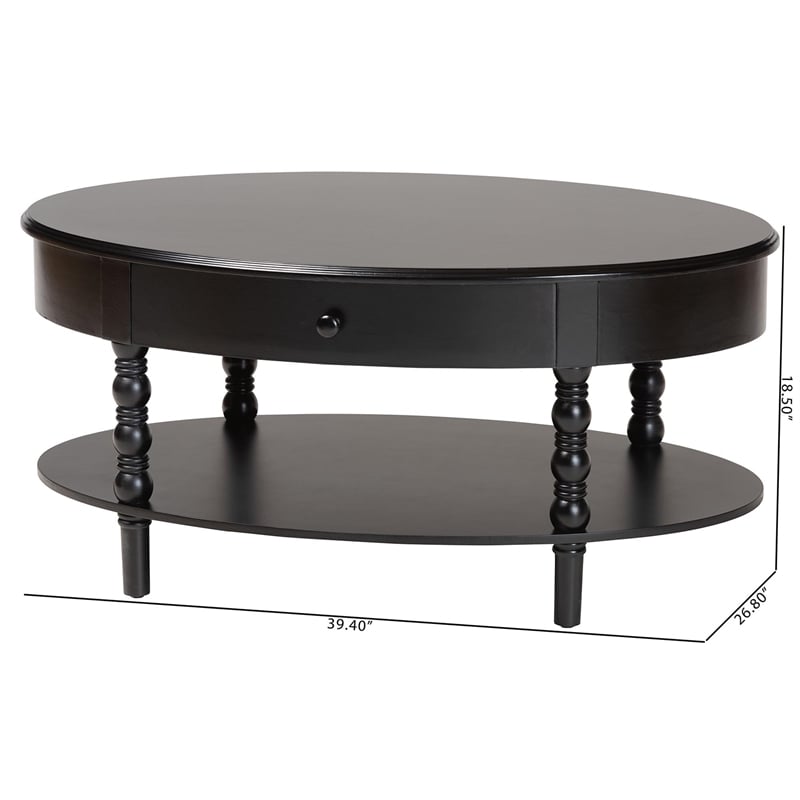 Pemberly Row Black Wood Coffee Table with 1 Drawer and Spindle Legs