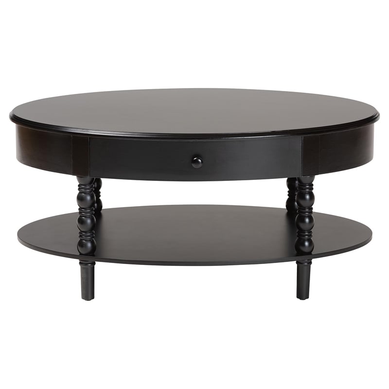 Pemberly Row Black Wood Coffee Table with 1 Drawer and Spindle Legs