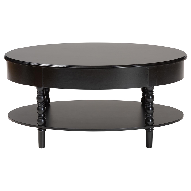 Pemberly Row Black Wood Coffee Table with 1 Drawer and Spindle Legs