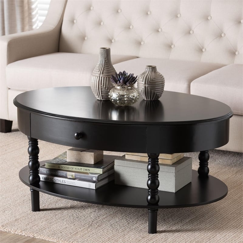 Pemberly Row Black Wood Coffee Table with 1 Drawer and Spindle Legs