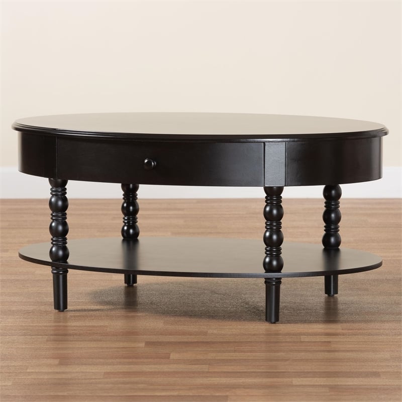 Pemberly Row Black Wood Coffee Table with 1 Drawer and Spindle Legs