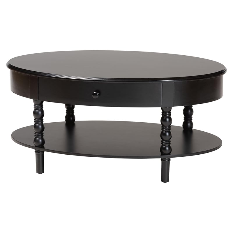 Pemberly Row Black Wood Coffee Table with 1 Drawer and Spindle Legs