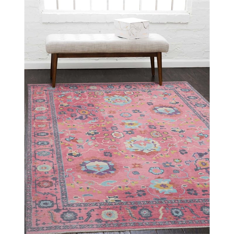 Pemberly Row 5' x 7' Polyester Area Rug in Pink and Blue