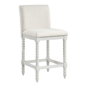 Pemberly Row 26&quot Spindle Counter Stool in Linen White Fabric and Antique Finish