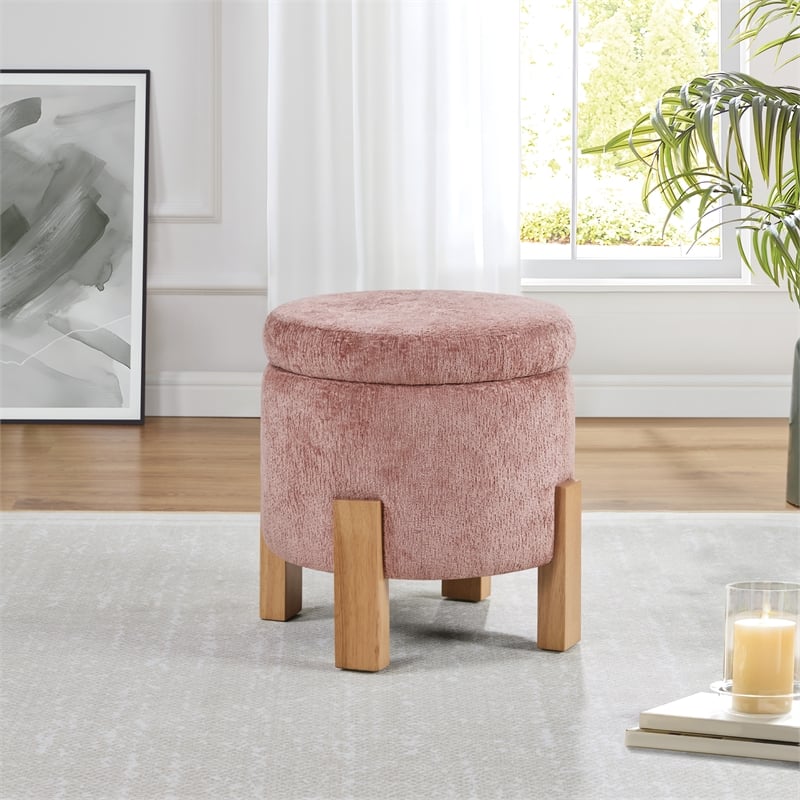 Pemberly Row Storage Ottoman in Rose Fabric with Natural Finish Legs