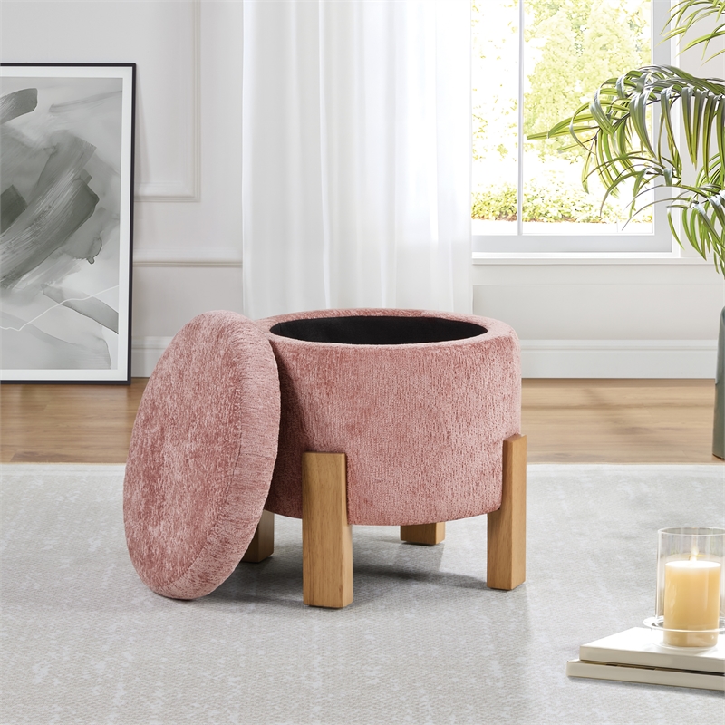 Pemberly Row Storage Ottoman in Rose Fabric with Natural Finish Legs