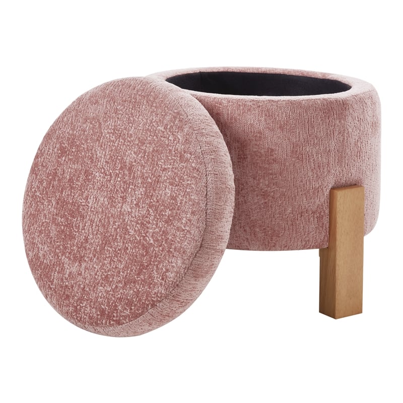 Pemberly Row Storage Ottoman in Rose Fabric with Natural Finish Legs