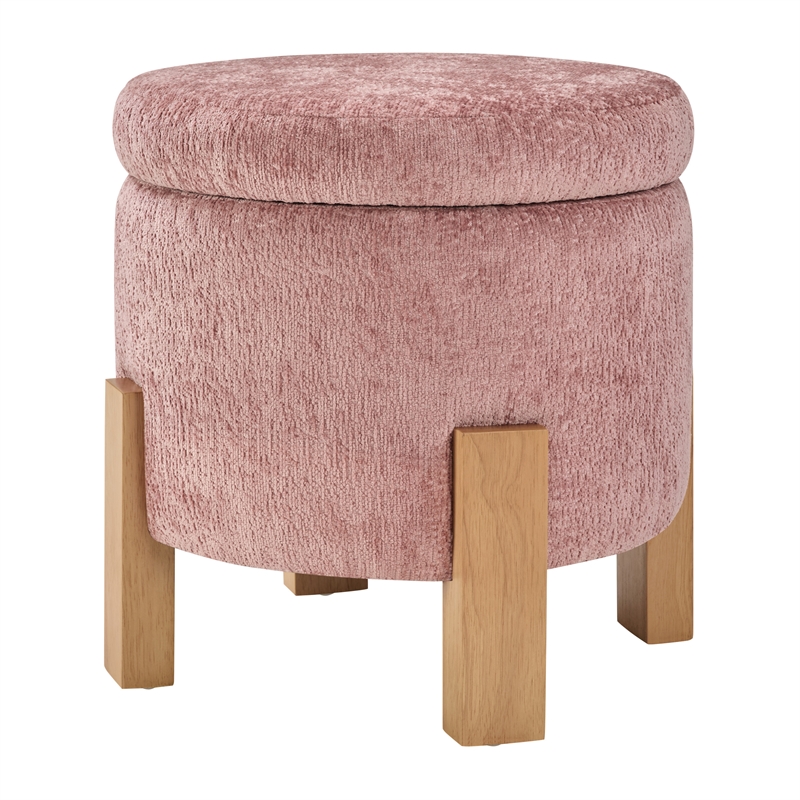 Pemberly Row Storage Ottoman in Rose Fabric with Natural Finish Legs