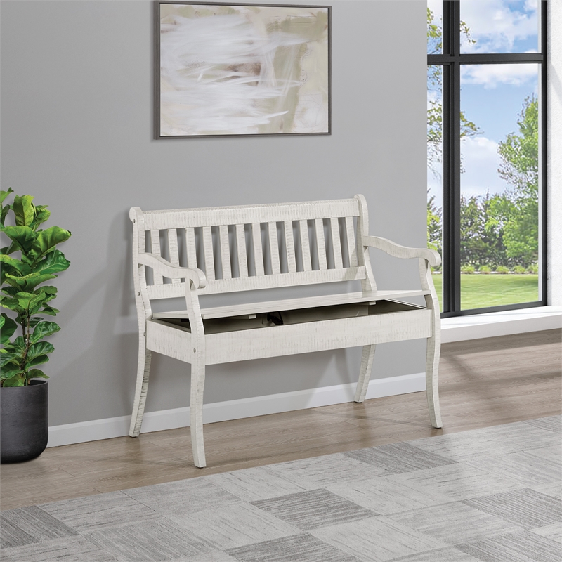 Pemberly Row Entryway Storage Bench Distressed White Solid Wood with Veneer