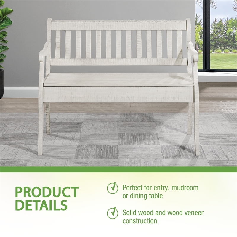 Pemberly Row Entryway Storage Bench Distressed White Solid Wood with Veneer