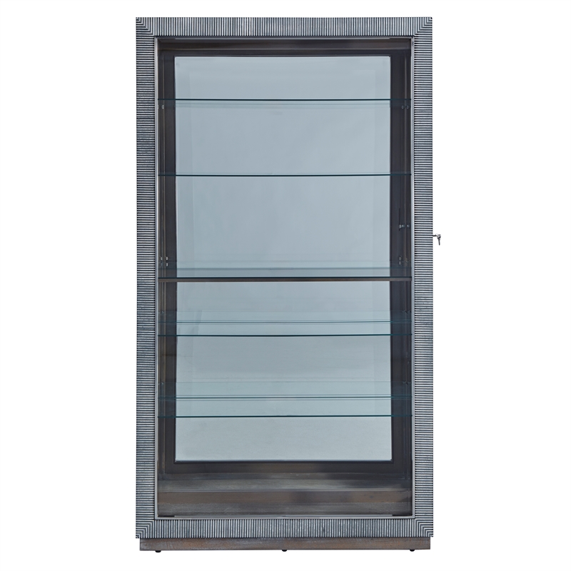 Pemberly Row Sliding Door Glass Curio Cabinet in Medium Brown
