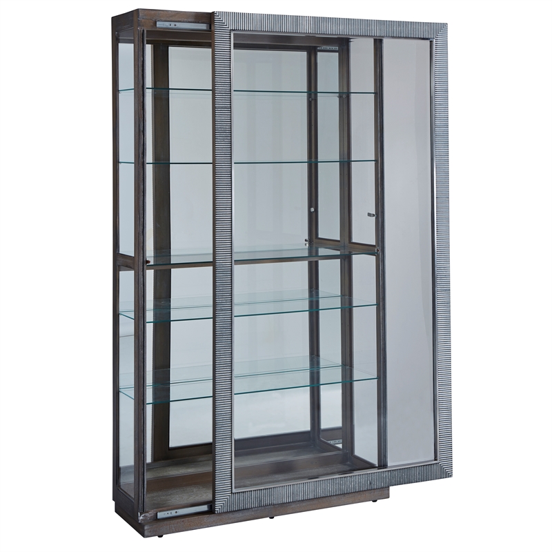 Pemberly Row Sliding Door Glass Curio Cabinet in Medium Brown