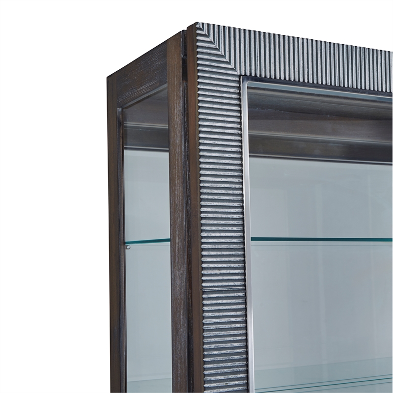 Pemberly Row Sliding Door Glass Curio Cabinet in Medium Brown