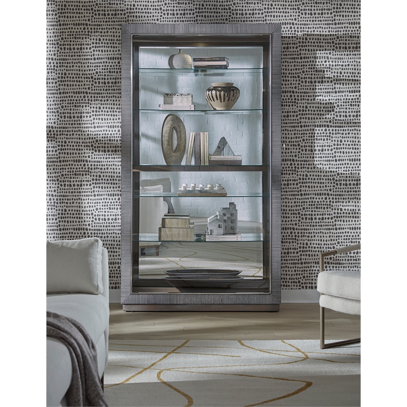 Pemberly Row Sliding Door Glass Curio Cabinet in Medium Brown