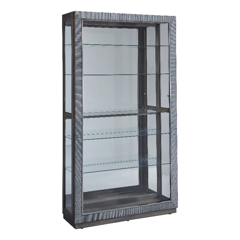 Pemberly Row Sliding Door Glass Curio Cabinet in Medium Brown
