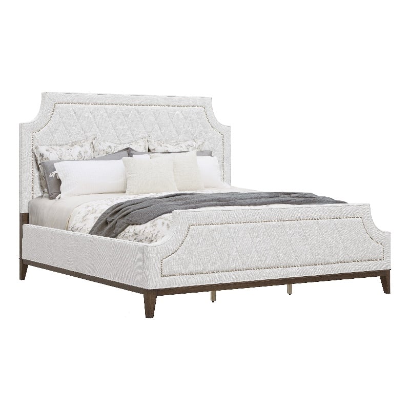 Pemberly Row Queen Upholstered Bed in White Fabric with Wood Base