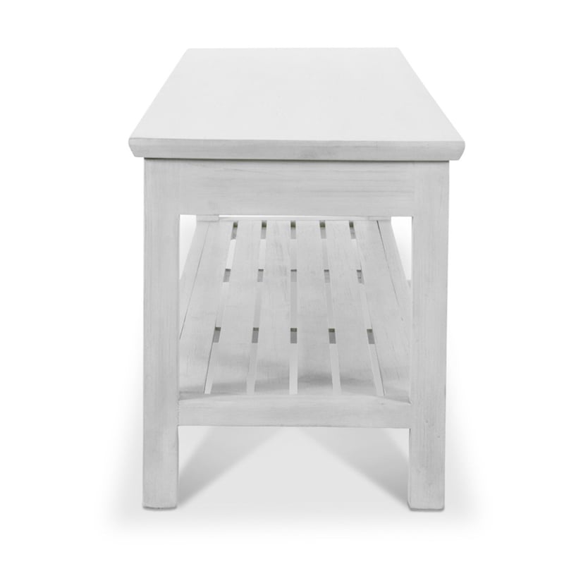 Pemberly Row Traditional Wood Dining Bench with Lower Shelf in White Finish