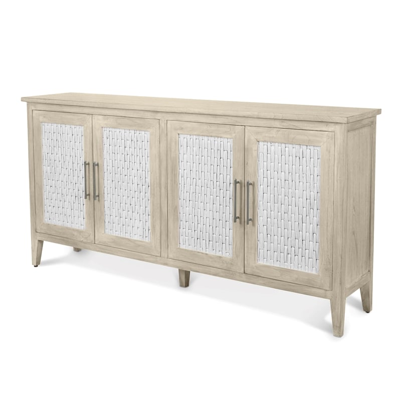 Pemberly Row 4-Door Credenza in Coastal White with Water Hyacinth Accents