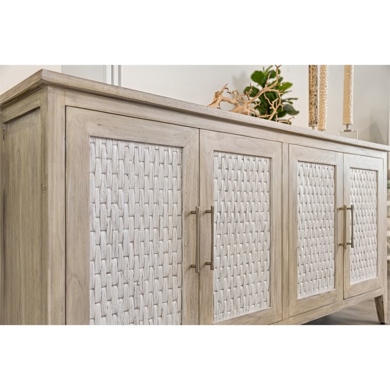 Pemberly Row 4-Door Credenza in Coastal White with Water Hyacinth Accents