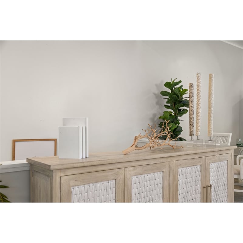 Pemberly Row 4-Door Credenza in Coastal White with Water Hyacinth Accents
