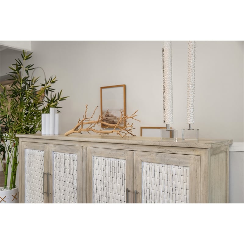Pemberly Row 4-Door Credenza in Coastal White with Water Hyacinth Accents