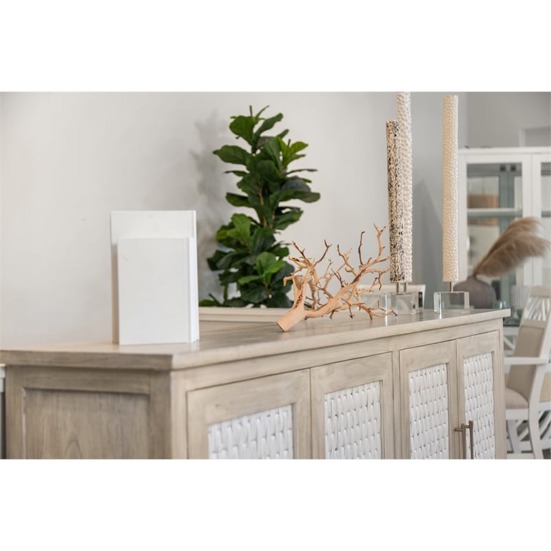 Pemberly Row 4-Door Credenza in Coastal White with Water Hyacinth Accents